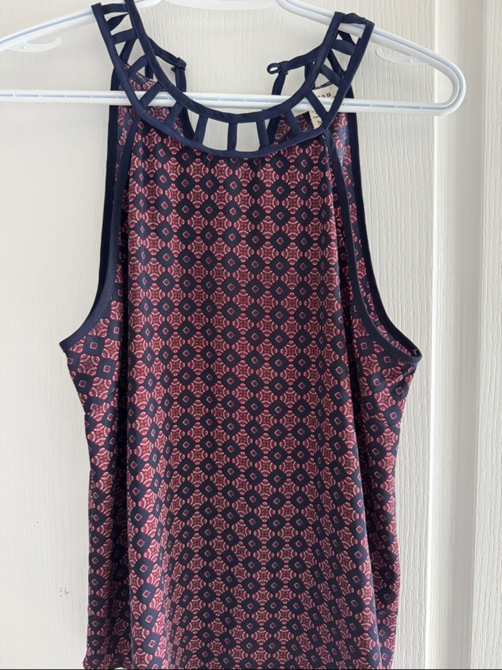 Monteau Navy and Pink Lattice Halter Tank